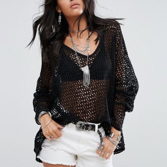 Free People Sweaters - Free People Black Oversized Crochet Knit Sweater
